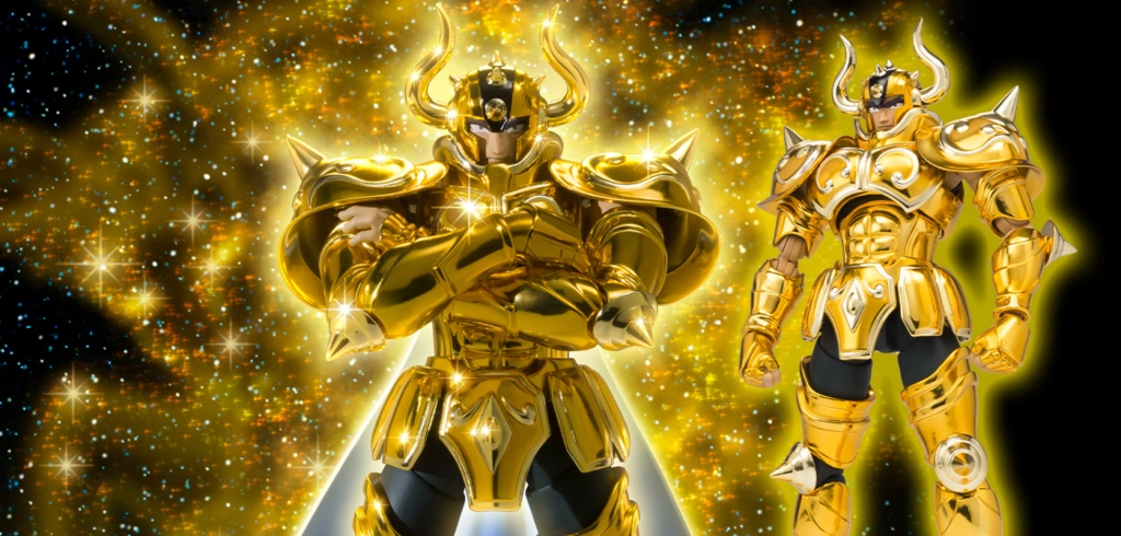 Figurine SAINT CLOTH MYTH EX Aldebaran du Taureau en armure dorée scintillante sur fond de cosmos étincelant