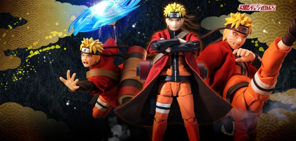 Figurine Naruto Uzumaki en Sage Mode de SH Figuarts dévoilant ses techniques de chakra avec enthousiasme et concentration, cape rouge flottant, dans un décor vibrant évoquant l'énergie et l'action du monde de Naruto Shippuden.