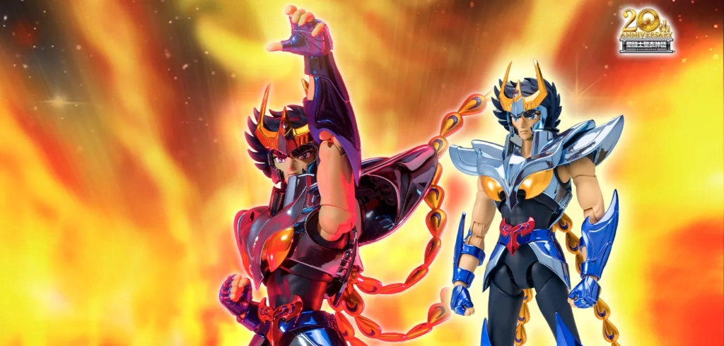Figurines de Saint Seiya avec Ikki du Phénix en armure finale de bronze devant un fond flamboyant pour célébrer le 20e anniversaire de la série
